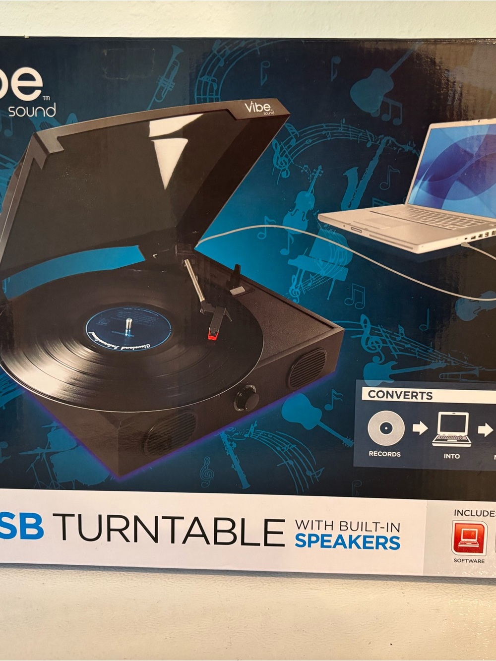 Vibe Black Portable USB Turntable with Built-In Speakers
